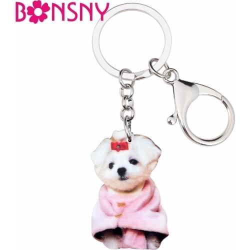 Bonsny Acrylic Sweet Western Highland Terrie Dog Key Chains Keychains Ring Cute Animal Jewelry For Women Girls Bag Car Charms