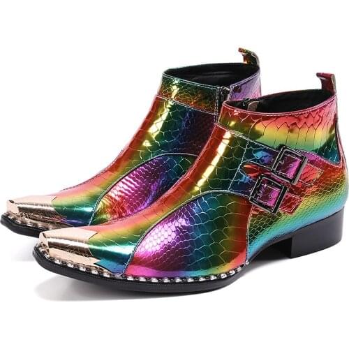 Fashion Pointed Metal Toe Leather Ankle Boots Men New Design Mens Boots Color Party Wedding Boots for Men Botas Hombre