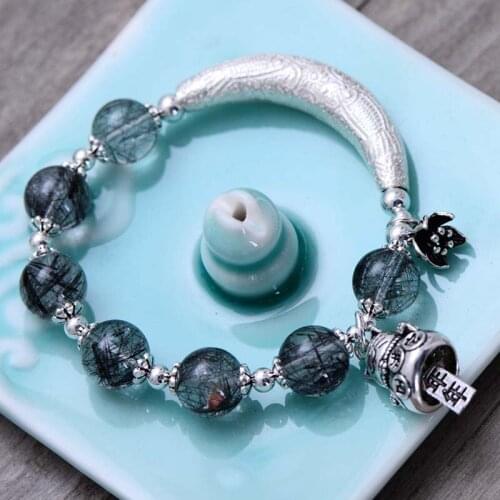 Real S925 Sterling Silver Retro Hair Crystal Fortune Cat Little Fresh Bracelet Exquisite Gift Jewelry