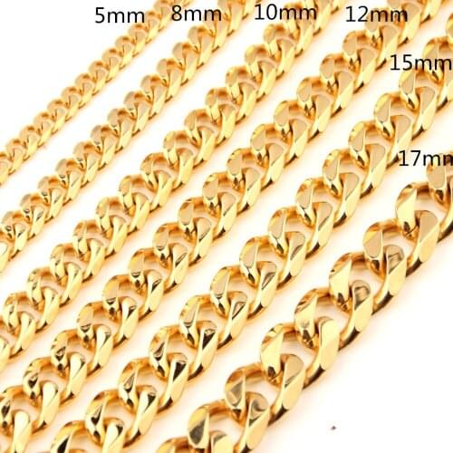 5/8/10/12/15/17/19mm 7-40" New Fashion Stainless Steel Link Gold Color Cuban Curb Chain Mens Boys Necklace Or Bracelet Jewelry