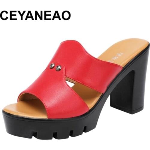 CEYANEAO Shoes Ladies' Slippers Women Heels Pantofle Square heel Med Platform Luxury Slides High Flat 2021 Block Designer Soft