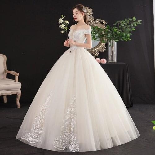 New Champagne Wedding Dress Sexy Off the Shoulder Flowers Embroidery Cheap Bridel Gowns Princess Party Dress Korean Simple