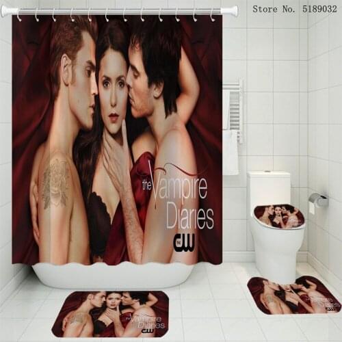 The Vampire Diaries Shower Curtain Movies Series Waterproof Bath Curtain Toilet Lid Cover Non Slip Rug Carpet Set Print Rug Set
