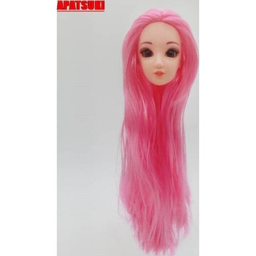 Handmade Doll Head with Pink Straight Long Hair DIY Doll Accessories Head For 11.5" Doll Head For 1/6 BJD Dollhouse Doll Kid Toy