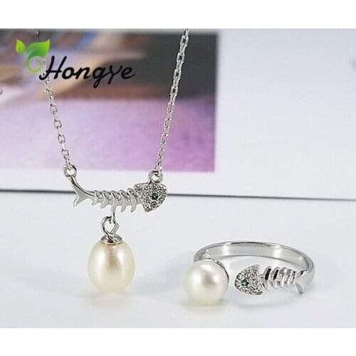 Hongye Fine Jewelry 925 Silver Set Fish Bone Pendant Necklaces for Women Femme Statement Accessories Pearl Ring Jewelry Kits