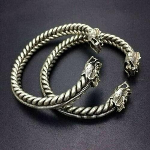 China Ancient old style Tibetan silver Dragon head Twist bracelet a pair
