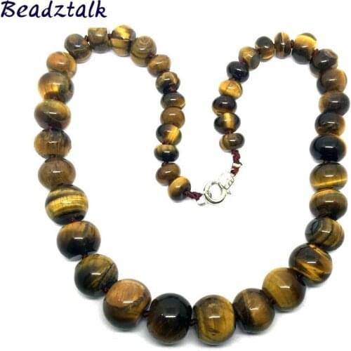 Classic Knotted Natural Stone Bead Necklace Tiger Eye Stone Necklace Small to Big Rondell Beads Clasp Nickle and Lead Free