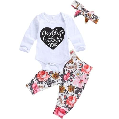 Newborn Baby Girl Clothes Set Long Sleeve Romper + Print Pants + Bow Headband 3pcs Kids Girls Outfits Autumn Spring Clothing
