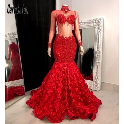 High Neck Prom Dresses Long Sleeves Beaded Red Mermaid Evening Gowns Rose Flowe Train robe de soirée de mariage