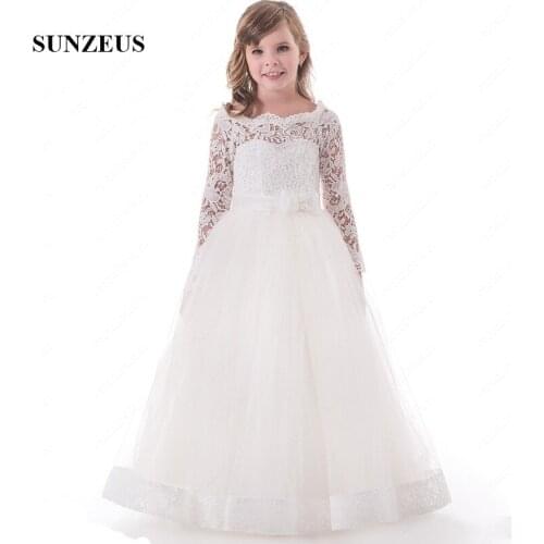 Long Sleeve Lace Flower Girl Dresses for Weddings A-Line Scoop Formal Tulle Dresses Holy Communion Dresses vestidos flores S1501