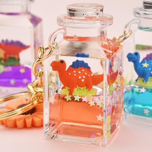 Fashion Acrylic into oil Drift Bottle Keychain Cartoon Liquid Dinosaur Doll Keyring for Men Kids Boy Bag Pendant Key Chains Gift