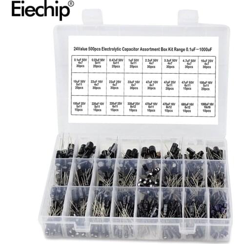 500Pcs/lot diy 0.1UF-1000UF 24Values Aluminum Electrolytic Capacitors 16-50V mix Electrolytic capacitor Assorted kit set box