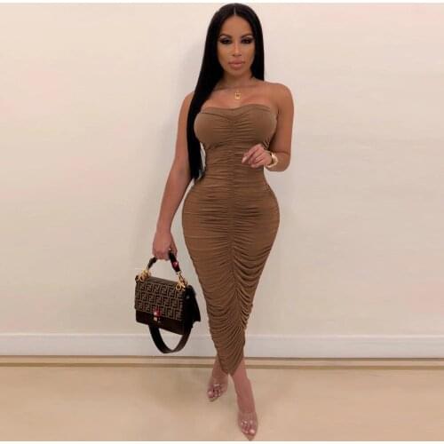 2021 New Summer Womens Ruched Sundress Sexy Body-shaping Ankle Length Beach Pleated Dresses Elegance Solid Party Clubwear Robe
