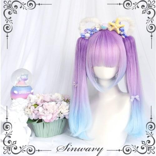 3 Styles Ponytails Lolita Wig Gradient Purple Blue Harajuku Long Curly Wavy Straight Hair Cute Chic Girls Cosplay Daily Wear