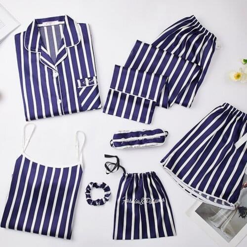 Spring 7pcs Silk Elegant Women Pajamas Set Long Sleeve Top Elastic Waist Pants Full Loungewear Mujer Spring Female Sleepwear Set