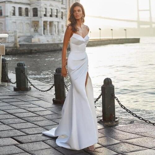 Mermaid Wedding Dresses Boho V-Neck Pleat Side Split Wedding Gown Separate Sleeves Satin Bride Dress suknia slubna syrenka