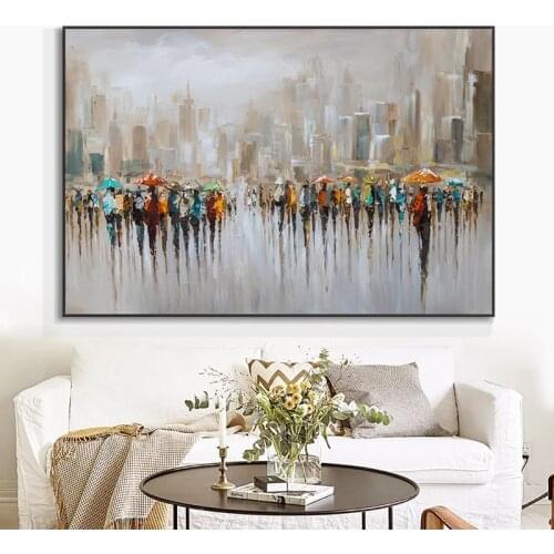 Hand Painted Abstract Oil Painting Wall Art Raining Landscape Minimalist Modern On Canvas Decorative For Living Room No Frame