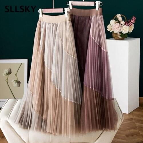 SLLSKY Fashion Mesh Women Pleasted Skirt Elastic High Waist Beach Style Female Skirt 2021 Summer New Lace Big Hem Ladies Skirt
