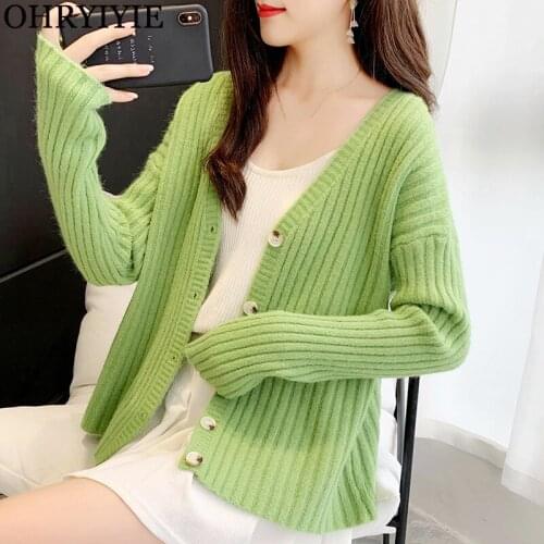 OHRYIYIE Green Women Sweater Cardigan Female New Fashion Korean V-Neck Knit Sweaters Spring Autumn Lady All-Match Fall Coat Tops