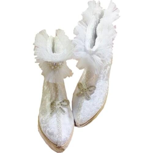 French girl velvet white bow with womens shoes pointed high shoes lace Vintage Sweet Lolita Shoes Bowknot Princess Kawaii Girl