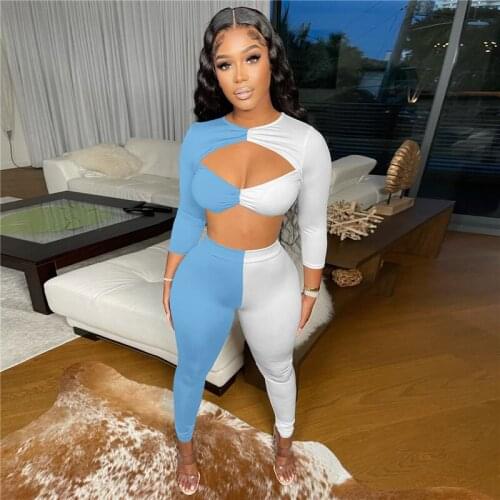 Color Block Patchwork Two Piece Set Women Cut Out Crop Top and Pants Leggings Club Wear Festival Outfits Matching Sets Tracksuit