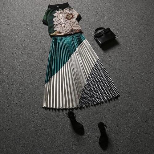 2020 Summer Women Two Piece Set Skirts Suits Floral Printed Chiffon Blouse Shirt Women Tops + High Waist Pleated Skirts set