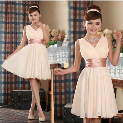 2016 new Fashion champagne color V-neck Womens Short design Elegant Party evening Vestidos Prom Dress