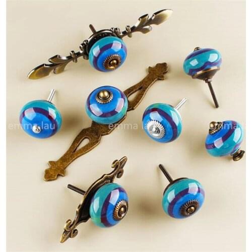1Pc Ceramic Blue Cabinet Door Knob Furniture Room Drawer Single Hole Handle American Retro Hand-painted Closet Small Pulls