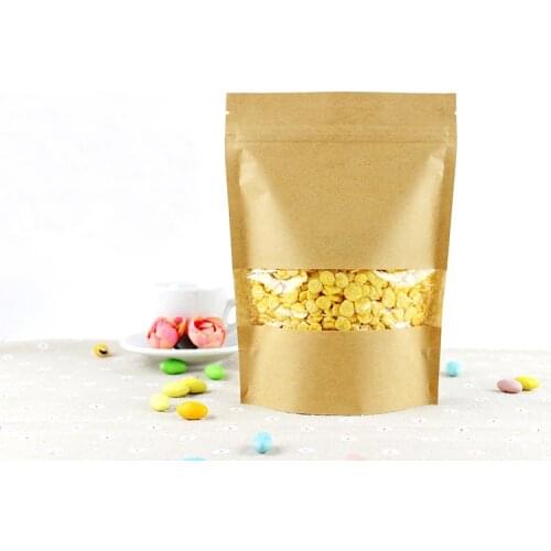 10*15+3 500pcs brown self zip lock kraft paper bags with window for gifts sweets and candy food tea jewelry retail package paper