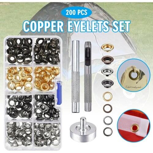 200pcs 6mm Inner Diameter Copper Eyelets Set With Washers + Installation Tools + Storage Box For Leather Craft