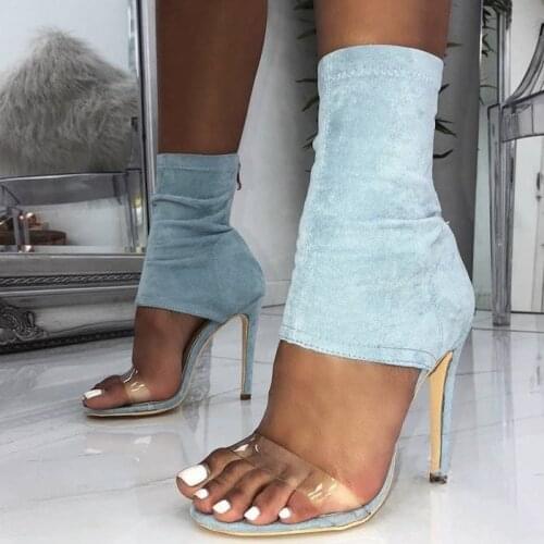 2019 high heel ladies sandals with zipper crystal PVC sexy peep toe thin heel Stretch denim women summer shoes