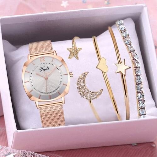 4PCS Bracelet Set Women Rose Gold Mesh Belt Watches Luxury Ladies Quartz Analog Dress Wristwatches Reloj Mujer