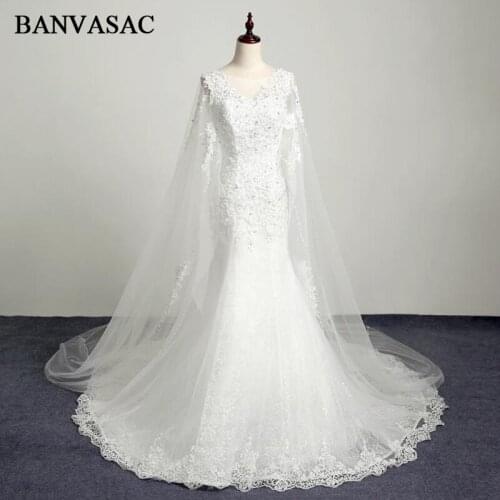 BANVASAC 2017 New Mermaid Elegant Embroidery V Neck Wedding Dresses Sleeveless Satin Crystals Tank Sweep Train Lace Bridal Gowns