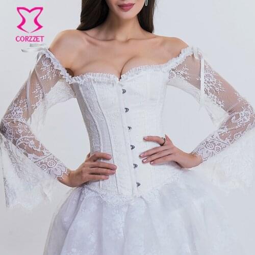 White Jacquard Ruffle Off Shoulder Transparent Floral Lace Flare Sleeve Bridal Corsret Gothic Steampunk Corsets And Bustiers