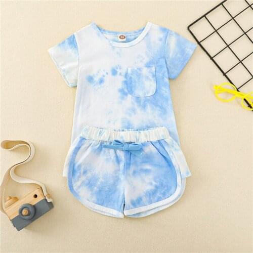 Childrens Boys Girls Summer Casual Suit Tie-dye Print Round Neck Short Sleeve T-shirt+Elastic Waist Bow Loose Shorts Pants