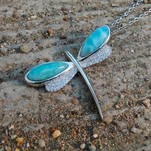 Hot Selling Natural Larimar Dragonfly Pendant in 925 Sterling Silver Womens Pendant Necklace For Gift