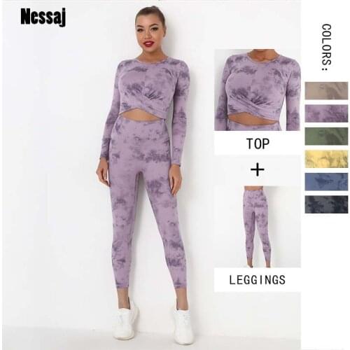 Women Super Elastic Two-piece Tie-dye Fitness Suit Women Feeling Naked Sanding Exercise Long-sleeved Fitness Exercise Gym Suits