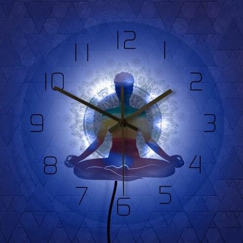Colorful Watercolour Meditation Spiritual Yoga Modern Printed Wall Clock Healthy Zen Scale Round Style Non -Ticking Night Light