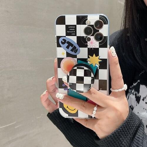 Creative Popular Label Checkerboard Stand Phone Case For IPhone 11 12 Pro Max X XR XS 7 8 Plus SE 2 Lens Protection Soft Cover