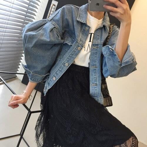 Korean Blue Women Denim Jacket Loose Single-breasted Pleated Puff Sleeve Short Vintage Autumn Chaqueta Mujer Casual Jeans Jacket