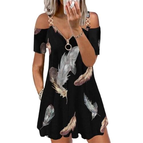 Summer Women Mini Dress Feather Print Short Sleeve Zipper Off Shoulder V Neck Dress Party Fit and Flare Dresses