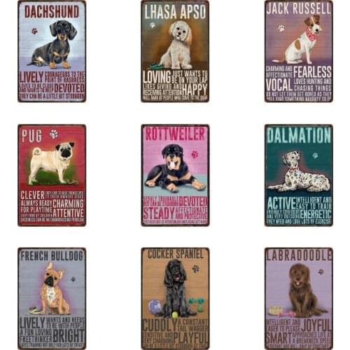 Retro Style Pet Metal Sign Cartoon Dogs Pug Dachshund Border Collie Greyhound Metal Tin Decor Posters Art Vintage Mural Painting