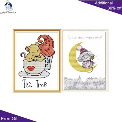 Joy Sunday Cute Rat KB086 KB101 14CT 11CT Counted and Stamped Home Decor Mouse On The Moon Afternoon Tea Cross Stitch kits
