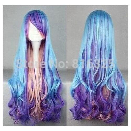 690133>>>Fashion Long Charm Lolita Curly Wavy Color Mixed Anime Cosplay purple wig