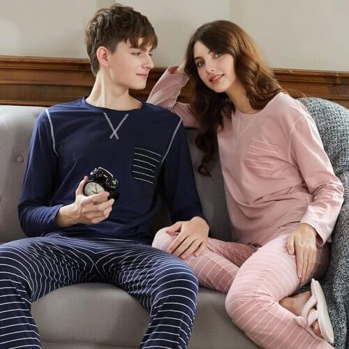 Men Pajama Cotton Striped O-neck Sleepwear Men Home Clothes Couple pajamas High Quality Male autumn Long Sleeve Home Wear