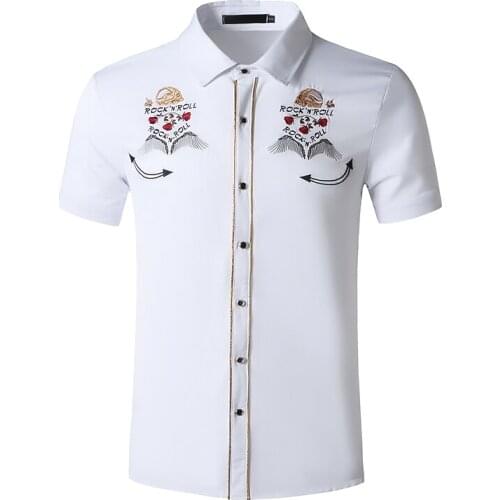 New Mens Casual Solid Colorembroidery Shirts Male Slim Fit Short Sleeve Shirt Black White Summer Business Shirt Tops Size
