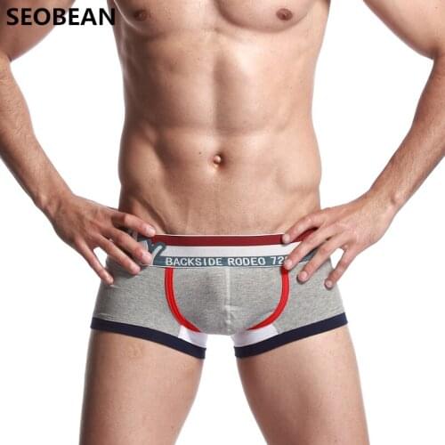 SEOBEAN New Mens Underwear Low Waist Patchwork Mens Knitting Cotton Breathable U-pouch Bag Push Up Sexy Boxers