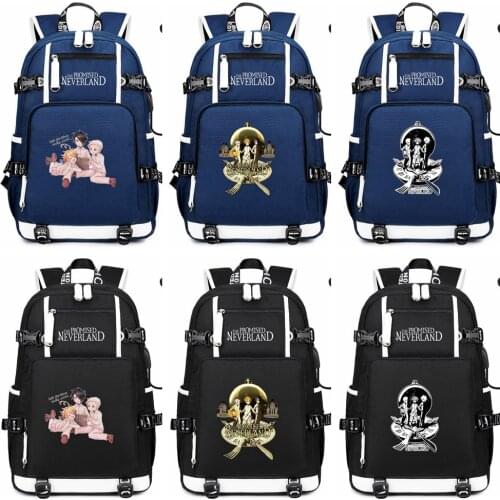 New Anime The Promised Neverland USB School Backpack Kids Teens Student Bookbag Cartoon Unisex Laptop Shoulder Travel Bags