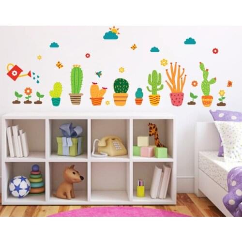 Cartoon Cactus Flower Pot Wall Art Stickers For Office Shop Baseboard Home Decoration Diy Pastoral Plant Wall Mural Pvc Decals