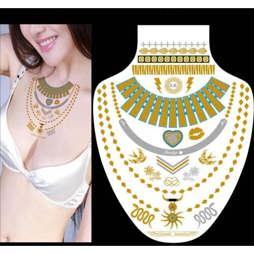 Wholesale 500pcs New Unique Wedding Temporary Tattoo Luxury Necklace Tattoos Sticker One-off Gold Silver Waterproof Metal Tattoo